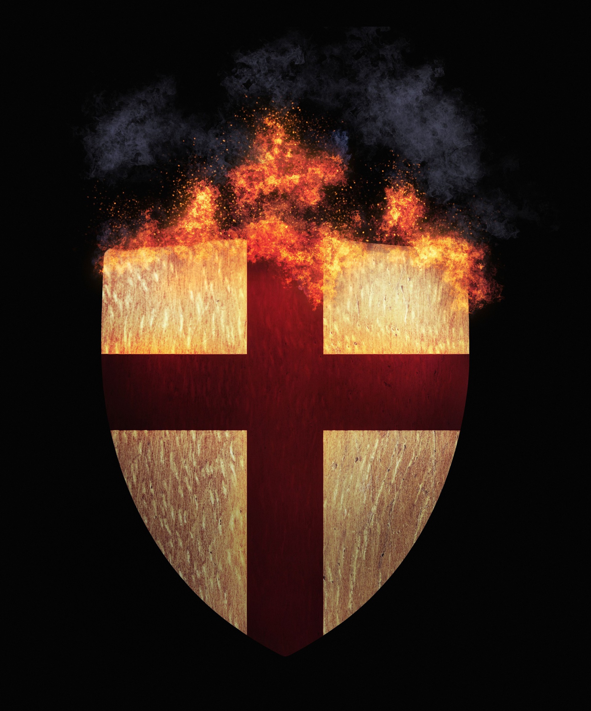 Red Christian cross emblazoned on a burning wooden shield